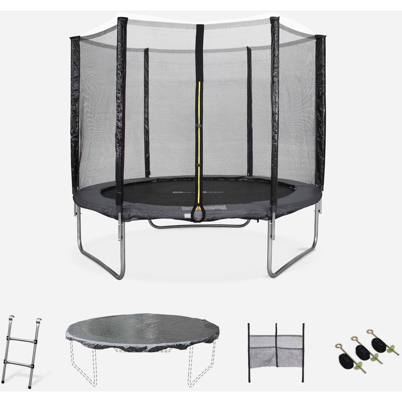 

Cama elástica Gris, Trampolín de 245 cm, aguanta hasta 100 kg (estructura reforzada). Incluye: escalera + funda protectora + bolsilla para zapatos+