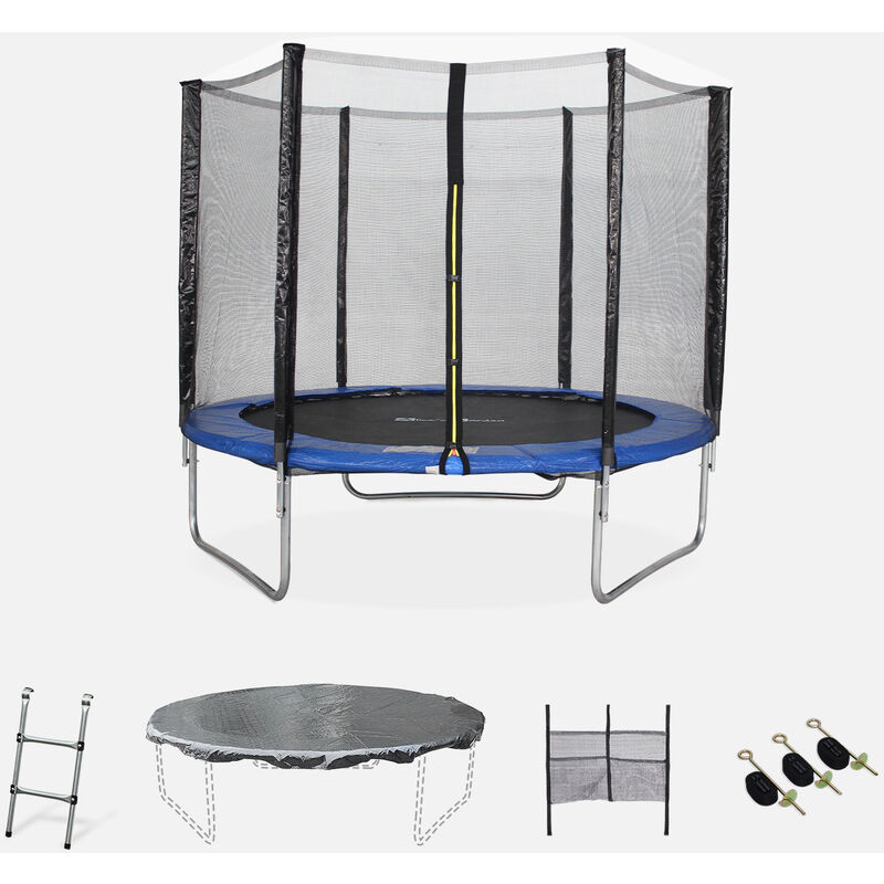 

Cama elástica Azul, Trampolín de 245 cm, aguanta hasta 100 kg (estructura reforzada). Incluye: escalera + funda protectora + bolsilla para zapatos +