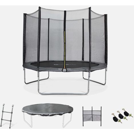 Cama elástica, Trampolín de 305 cm, aguanta hasta 150 kg (estructura reforzada). Incluye: escalera + funda protectora + bolsillo para zapatos + kit de anclaje - Mars XXL