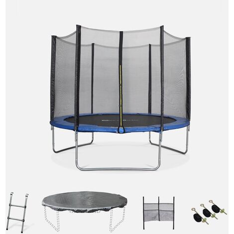Cama elástica, Trampolín de 305 cm, aguanta hasta 150 kg (estructura reforzada). Incluye: escalera + funda protectora + bolsillo para zapatos+ kit de anclaje - Mars XXL