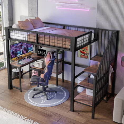 Cama elevada 90200 cm, cama de hierro con escritorio inferior, varios estantes, armario empotrado - Negro - Sin colchón