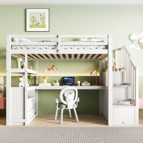 Cama elevada 90200 cm con escritorio, escalera de almacenamiento, dos cajones y tres estantes, blanca