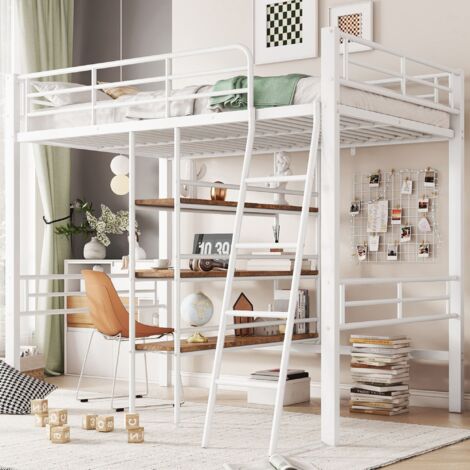 Cama elevada 90x200 cm, sin colchón, cama con escritorio, varios estantes, barandillas, escalera - Blanco