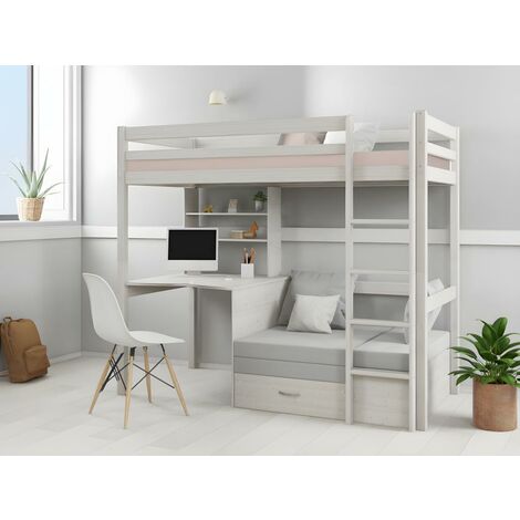 Cama en altura GOLIATH II con escritorio, sofá cama y compartimentos - 90 x 200 cm - Pino macizo - Blanca - Vente-unique - Blanco