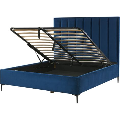 Cama en terciopelo azul 140 x 200 cm con almacenamiento cabecero acolchado patas de metal negro Sezanne
