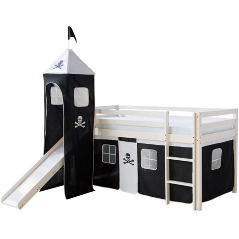 Cama entrepiso 90x200cm con escalera corredera de madera blanca y lona pirata negra incluida LIT06154