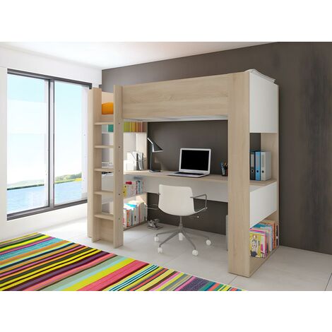 Cama entresuelo con escritorio y almacenaje - 90 x 200 cm - Roble y blanco - NOAH II - Vente-unique - Color natural claro, Blanco