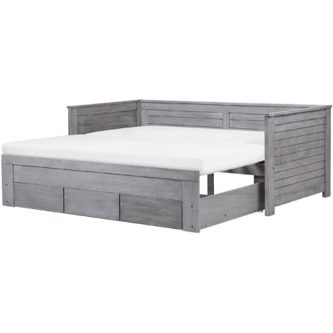 Cama extensible de madera gris 90/180 x 200 cm con estructura cama adicional extraíble con 3 cajones estilo escandinavo Cahors