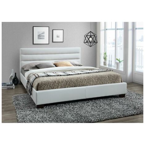 Cama FAUSTIN - 140x190 cm - Piel sintética blanca - Venta-unica - Blanco