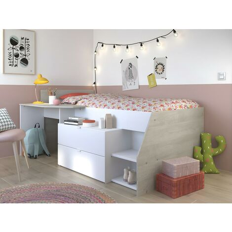 Cama GISELE con escritorio y compartimentos - 90x200cm - Blanco y roble - Venta-unica - Color natural claro, Blanco