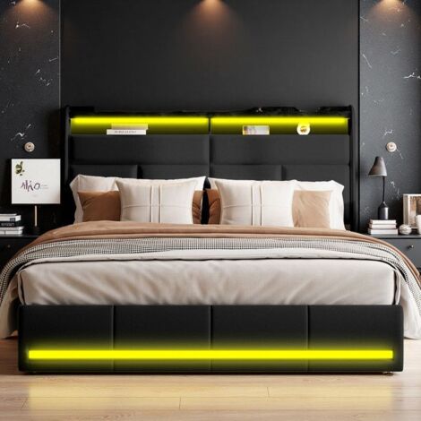 Cama Hidráulica 160x200 cm con Almacenamiento Cofre Inteligente y LED - Cama de Adulto con Lamas, PU Negro Diseño Techno Lujo con Estantería