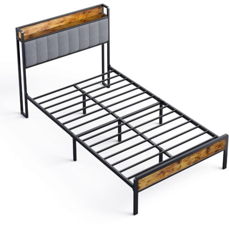 Cama Individual 120x200 cm de Metal con Cabecero Acolchado en Tela y Almacenamiento Bealife Somier de Lamas para Niños y Adolescentes en Negro y Gris Claro