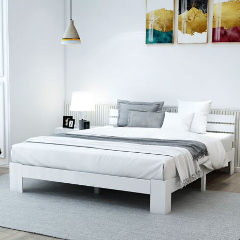 Cama Individual 140×200 cm, con Cabecero y Espacio de Almacenaje, sin Colchón, de Madera Maciza, Blanco