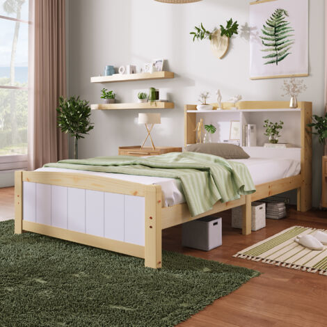Cama individual 90 x 200 cm cabecero con almacenaje en pino - blanco + natural (Sin Colchón)