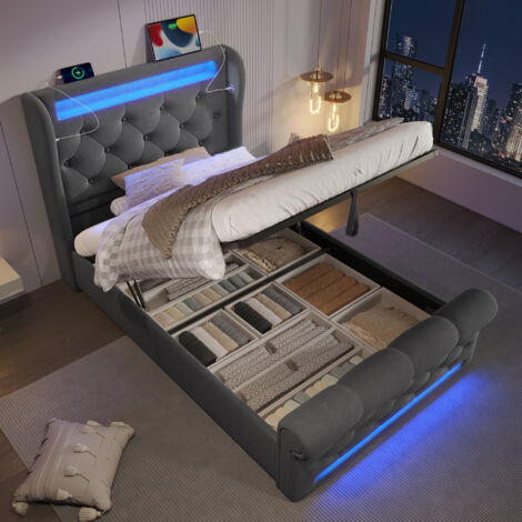 Cama Individual 90×200 cm con Arcón, LED Regulable, USB, Tipo C y Cabecero con Almacenaje, sin Colchón, Terciopelo, Gris