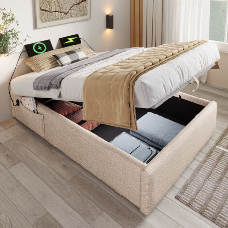 Cama individual 90x190 cm con USB-C sin cabecero lino color beige apto para niños y adolescentes(Sin Colchón)