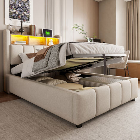 Cama individual 90x200 cm con almacenamiento hidráulico cabecero con led y usb tapizada lino beige (Sin colchón)
