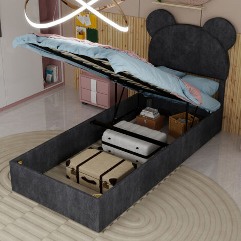 Cama individual 90x200 cm con arcón de almacenamiento con pistón tapizado y estructura metálica gris (Sin colchón)