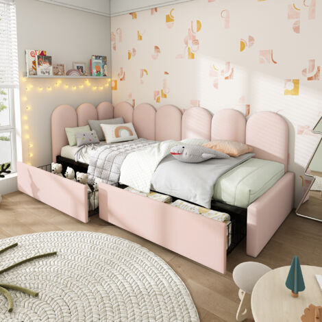 Cama Individual 90x200 cm con cajones almacenamiento y somier rosa terciopelo para juvenil y adulto (Sin Colchón)