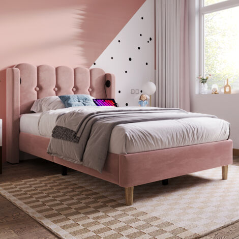 Cama individual 90x200 cm con función de carga USB tipo C rosa terciopelo(Sin Colchón)