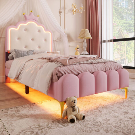 Cama individual 90x200 cm con LED Iluminacion ambiente pies metalicos PU color rosa(Sin colchón)
