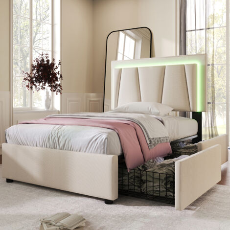 Cama individual 90x200 cm con luz LED y 2 cajones somier de láminas de madera cuerpo superior de lino beige (Sin Colchón)