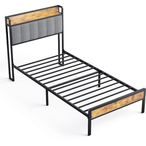 Cama Individual 90x200 cm de Metal con Cabecero Acolchado en Tela y Almacenamiento Bealife - Somier de Lamas para Niños y Adolescentes en Negro y Gris Claro