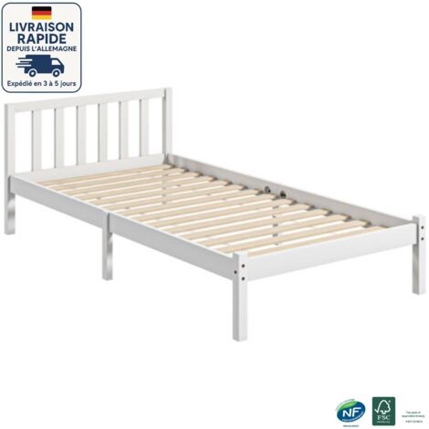 Cama individual 90x200 cm, estructura de cama 90x200 cm, con cabecero y somier, elegante estructura de madera, color blanco.