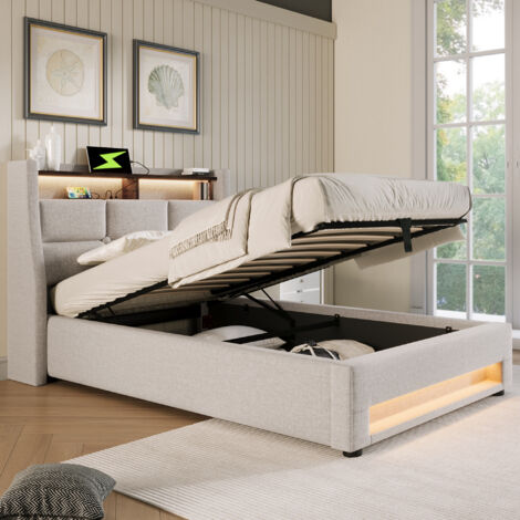Cama individual 90x200 cm tapizada cabecero acolchado con almacenaje lino color beige (Sin colchón)