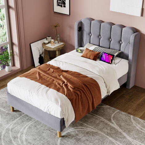Cama individual 90x200cm Cabecero tapizado panel lino con carga USB Tipo C color gris (Sin colchón)