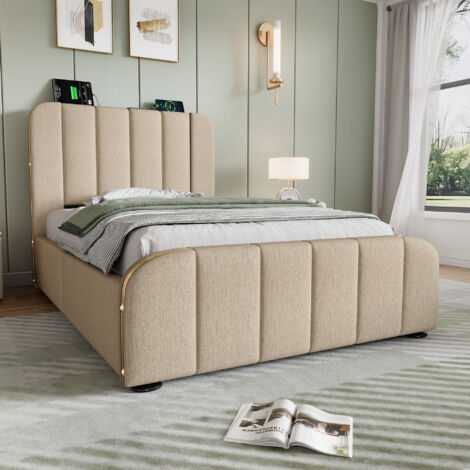 Cama individual 90x200cm hidráulico cabecero con tiras metálicas puerto USB C tejido lino color beige (Sin colchón)