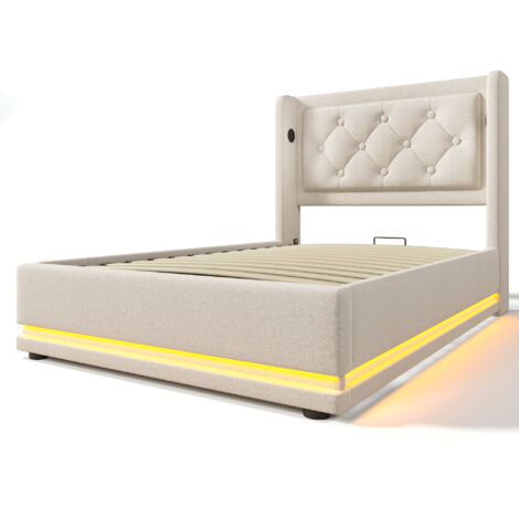 Cama individual beige tapizada de 90 x 200 cm, con canapé hidráulico e iluminación LED, cabecero acolchado y función de carga USB tipo C, apta para adolescentes y adultos (colchón no incluido).