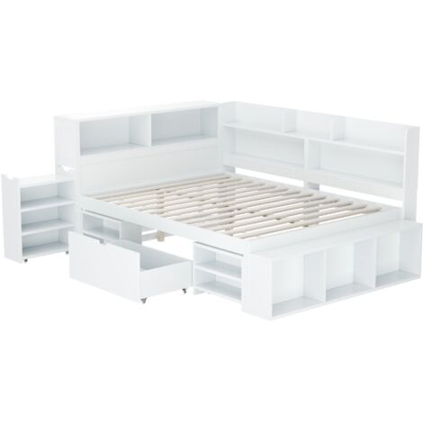 Cama individual blanca de 140 x 200 cm, estructura de cama empotrada con cajones, estanterías y taquillas, amplio espacio de almacenamiento, ideal para un ambiente ordenado y de estudio (colchón no in