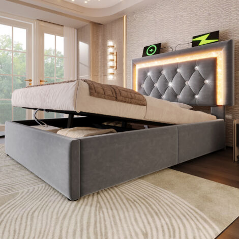Cama Individual con Canapé 90×200 cm, con LED Regulable, USB, Tipo C y Banda Decorativa, sin Colchón, en Terciopelo, Gris