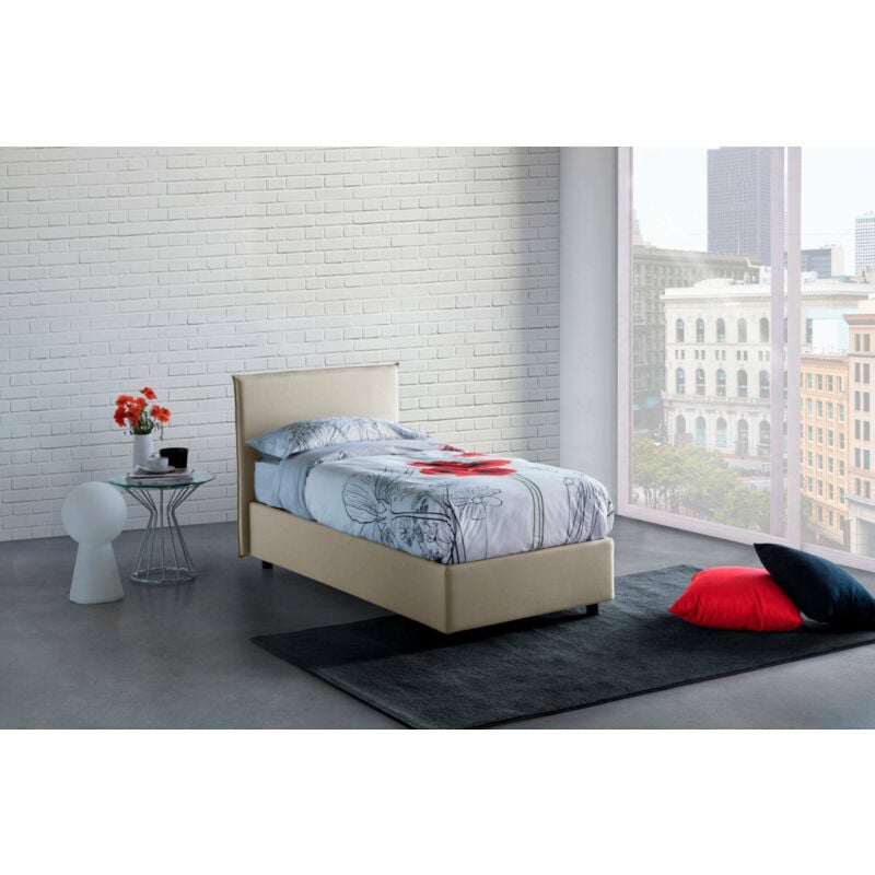 

Cama individual Anna con contenedor, Made in Italy, en tela, 80x190 cm, con apertura lateral, Crema, con colchón incluido - Talamo Italia