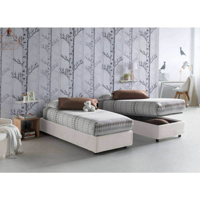 

Cama individual Talamo Italia Silvia con contenedor, Made in Italy, en tela, 80x190 cm, con apertura frontal, Blanco, con colchón incluido