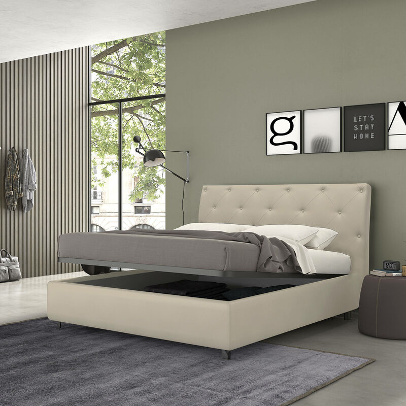 

Cama doble contenedor Mozart, Made in Italy, Estructura acolchada en ecopiel, Apto para colchón 160x190 cm, Crema - Talamo Italia