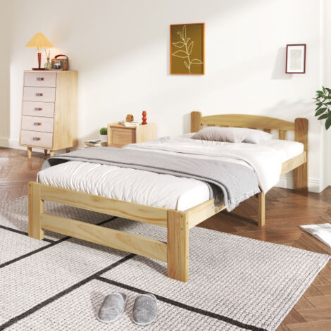 Cama individual de 90x200 cm para adulto, con somier de láminas, cabecero y piecero en MDF, madera de pino, color natural, sin colchón.
