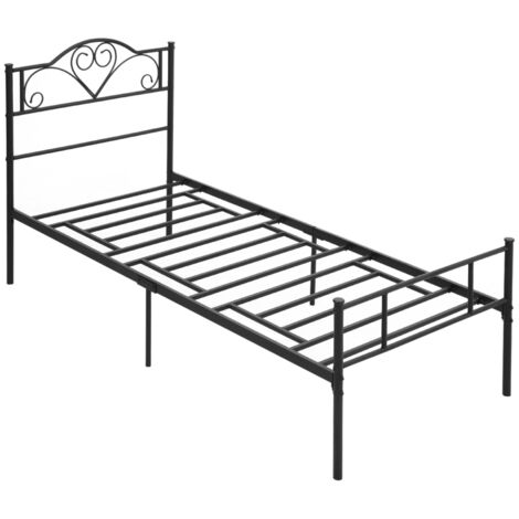Cama individual de metal negro 90x200 cm con somier de láminas y espacio bajo cama