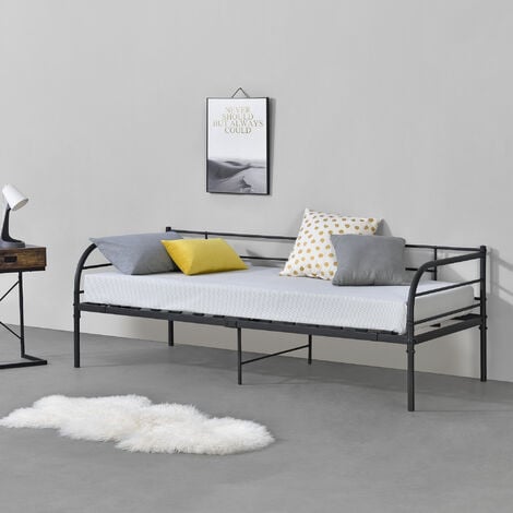 Cama Individual Falun Diván con reposacabezas Metal 90 x 200 cm - Negro mate [en.casa]