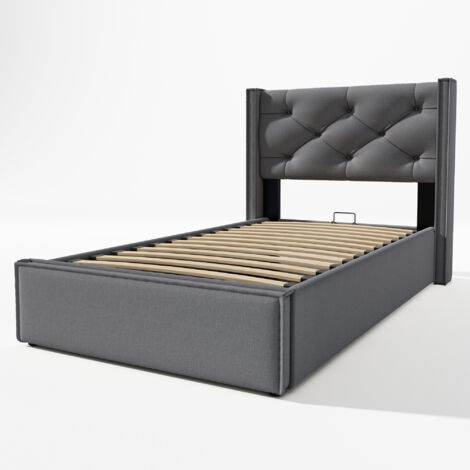 Cama individual gris de 90 x 200 cm, con canapé y somier metálico, para adolescentes y adultos (sin colchón).