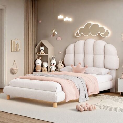 Cama individual infantil 90x200 cm, tejido de felpa, cabecero tapizado, estructura de cama, canapé de láminas, cama infantil para niños y niñas, Blanco