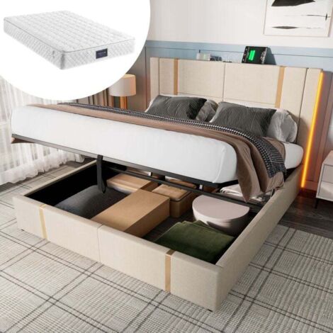 Cama individual LED de 140 x 200 cm, somier de madera, tela de lino beige, con carga USB tipo C, apta para jóvenes y adultos (colchón incluido).