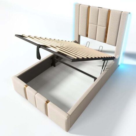 Cama individual LED de 90 x 200 cm, somier de láminas de madera, tela de lino beige, con carga USB tipo C, apto para adolescentes y adultos (colchón no incluido).