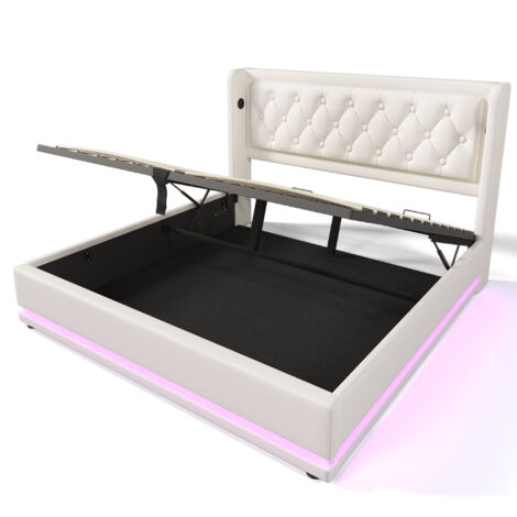 Cama individual tapizada de 140 x 200 cm, con canapé hidráulico de PU blanco, cabecero con iluminación LED y puerto de carga USB tipo C, apta para adolescentes y adultos (colchón incluido).