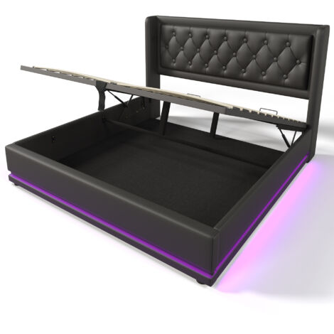 Cama individual tapizada de 140 x 200 cm, con canapé hidráulico de PU negro, cabecero con iluminación LED y puerto de carga USB tipo C, apta para adolescentes y adultos (colchón incluido).