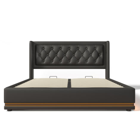 Cama individual tapizada de 140 x 200 cm con canapé hidráulico de PU negro, cabecero con iluminación LED y puerto de carga USB tipo C, ideal para adolescentes y adultos (colchón no incluido).