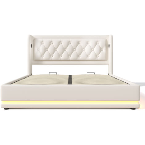 Cama individual tapizada de 160 x 200 cm, con canapé hidráulico de PU blanco, cabecero con iluminación LED y puerto de carga USB tipo C, apta para adolescentes y adultos (colchón no incluido).