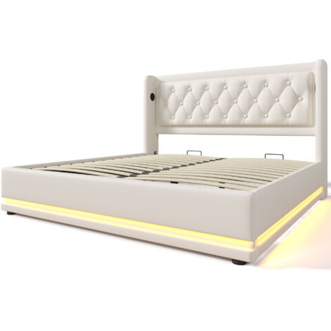 Cama individual tapizada de 180 x 200 cm, con canapé hidráulico de PU blanco, cabecero con iluminación LED y puerto de carga USB tipo C, apta para adolescentes y adultos (colchón no incluido).