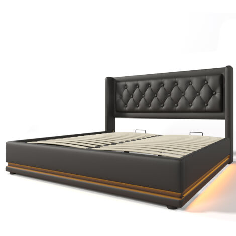Cama individual tapizada de 180 x 200 cm, con canapé hidráulico de PU negro, cabecero con iluminación LED y puerto de carga USB tipo C, apta para adolescentes y adultos (colchón no incluido).